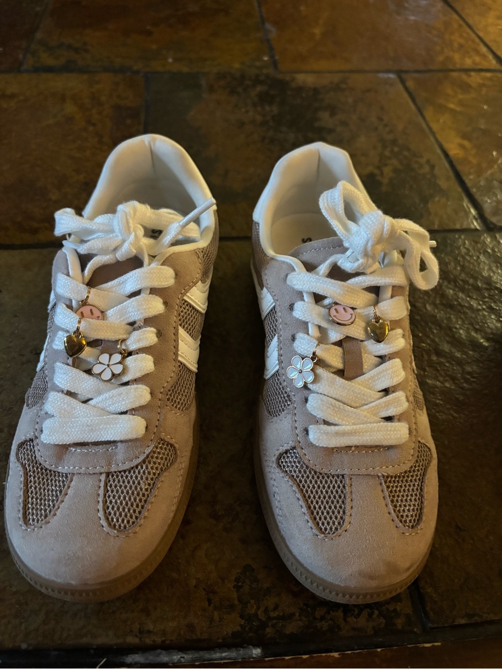 Kids Neutral Tan & White Lace-Up Sneakers with Decorative Charms